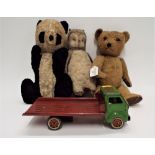 Vintage jointed teddy bear, soft toy panda and soft toy owl,