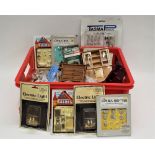 Box of dolls house accessories, electric lights, furniture, plates and cutlery,