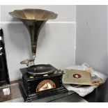HMV gramophone with horn and Bakelite records