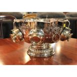 Plated metal punch bowl with six hanging cups, 20 cm high,