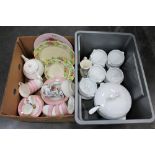 Box of white china dinnerware and box of pink part tea sets, plates,
