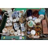 Two boxes of part coffee sets, decorative plates, glassware, ornaments,