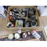 Box of tools, screws, clock parts,