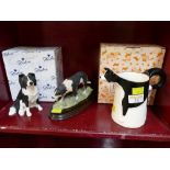 Two Border Fine Arts Border Collie dog figures and Young Herriot Collection jug