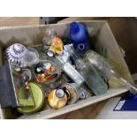 Box of glassware, china, ornaments, clock,