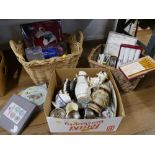 Two wicker baskets and box of glassware, plates, ornaments,