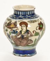 A 19th century Persian Qajar pottery jar, with floral bird and figure decoration. 19.5 cm high.