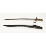 A French 1866 pattern chassepot bayonet with scabbard. Length in scabbard 71 cm.