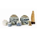 Two Chinese blue and white ginger jars, another smaller,