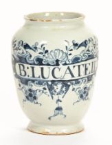 An early 18th century Delft ware blue and white floral decorated and inscribed apothecary jar. 18.