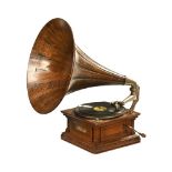 "The Gramophone Company Limited" oak tabletop gramophone, complete with oak horn.