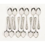 A set of twelve Glasgow silver bright cut teaspoons, 1889, maker J Cameron & Son. 169 grams.