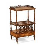 A Victorian walnut Canterbury and combined whatnot stand, with fretwork gallery, three divisions,