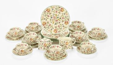 A Minton Haddon Hall part tea service, comprising of nine teacups, milk jug and sugar bowl with lid,