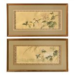 A pair of Chinese watercolours on silk, Kingfisher and companion, each 55 cm x 22 cm.