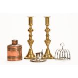 A miniature Sheffield plated chamber stick with snuffer, together with a copper tea caddy,