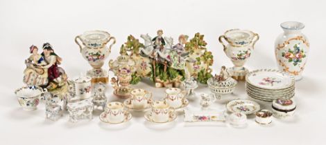 A quantity of miniature cabinet pieces, vases, plant holder, continental hand painted plates etc.