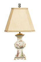 A decorative porcelain table lamp, with shade. Overall height 64 cm.