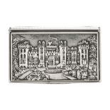 A Nathaniel Mills snuff box with castle scene to lid, with silver gilt interior Birmingham 1838,