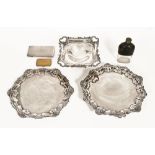 Two silver plated Chippendale style salvers, a fruit bowl, spirit flask and two cigarette cases.