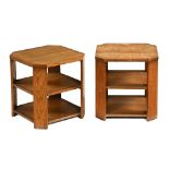 A pair of Art Deco oak side tables or stands, with canted angles and open shelves.