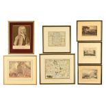 A collection of seven antiquarian prints, including engravings of Longford Castle, Plymouth,