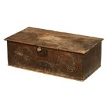 An antique oak bible box, with plain top and carved frieze. Height 26 cm, width 77 cm, depth 41.
