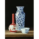 Tim Gustard (born 1954 contemporary), still life with Chinese porcelain, acrylic oil painting,