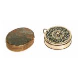 An antique enamel topped snuff box and another similar but with agate setting.