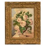 British School 19th century, still life of roses in a stone vase on a ledge,