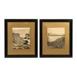 A pair of Edwardian tinted photographs, Derwentwater and companion. 28 cm x 23 cm, framed.