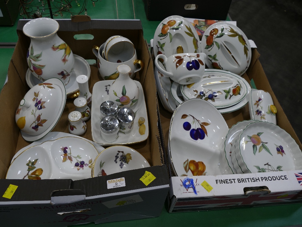 Two boxes of Royal Worcester Evesham pattern dinner ware including lidded vegetable dishes etc