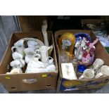 Two boxes of china including Cream Ware, butter dishes, jugs, clock,