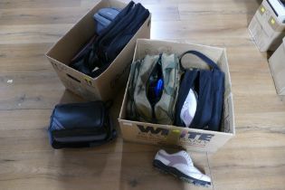 Two boxes of camera bags, camera accessories,