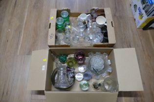 Two boxes of glassware including fruit bowls, vases, coloured glass,