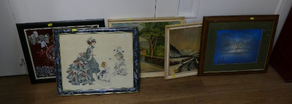 Five pictures and prints including two rural oil paintings by G.