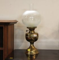 Brass duplex oil lantern with etched glass shade,