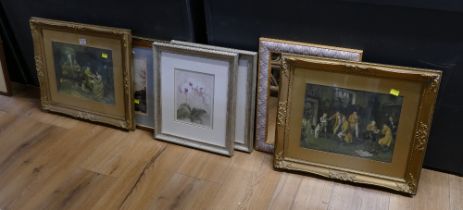 Seven pictures and prints including interior scenes and flowers