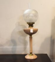 Pale pink porcelain column oil lamp with etched glass shade,