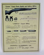 A reproduction Cogswell & Harrison Certus metal rifle poster, 40 x 30 cm.