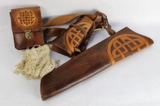 Archery equipment - a leather archery Celtic quiver with various pouches etc.