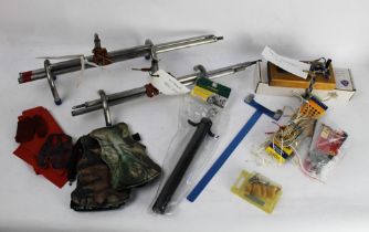 Archery equipment - two outdoor bow stands, a fletching kit, various bow strings,