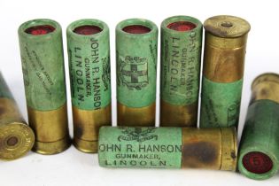 John R Hanson Gunmakers Lincoln, ten 16 bore paper cased shotgun cartridges,