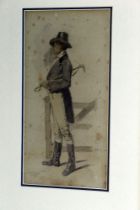 A pencil and watercolour sketch, a gentleman with riding crop dated 25/6/00 (1900) 24 x 12 cm,