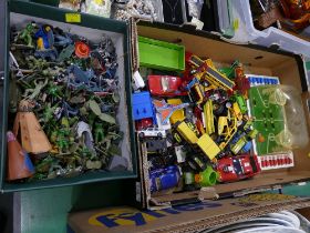 Two boxes of toys, plastic army figures, basketball game,