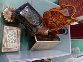 Quantity of decorative boxes including a faux tortoiseshell oriental cantilevered jewellery box,