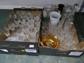 Two boxes of glassware including decanters, vases,