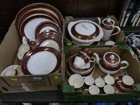 Three boxes of Crownford red patterned part dinner service