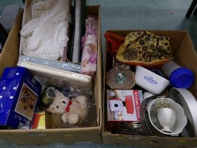 Two boxes of ceramics, lace doilies, boxed wine rack,