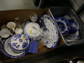 Two boxes of glassware and china, including blue and white plates,